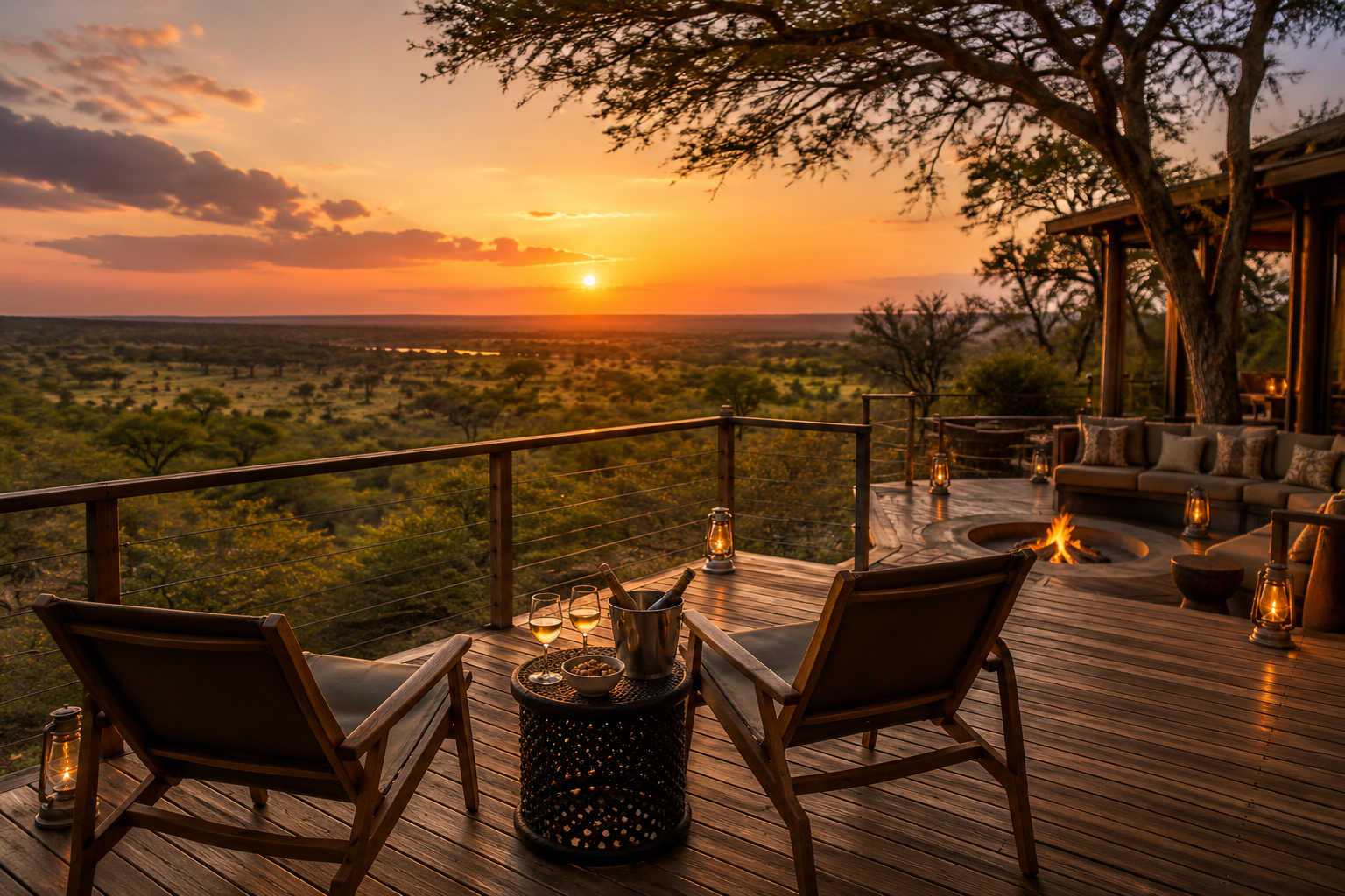 Terrasse en bois d'un lodge de safari au coucher du soleil, fauteuils et feu de camp face au bushveld