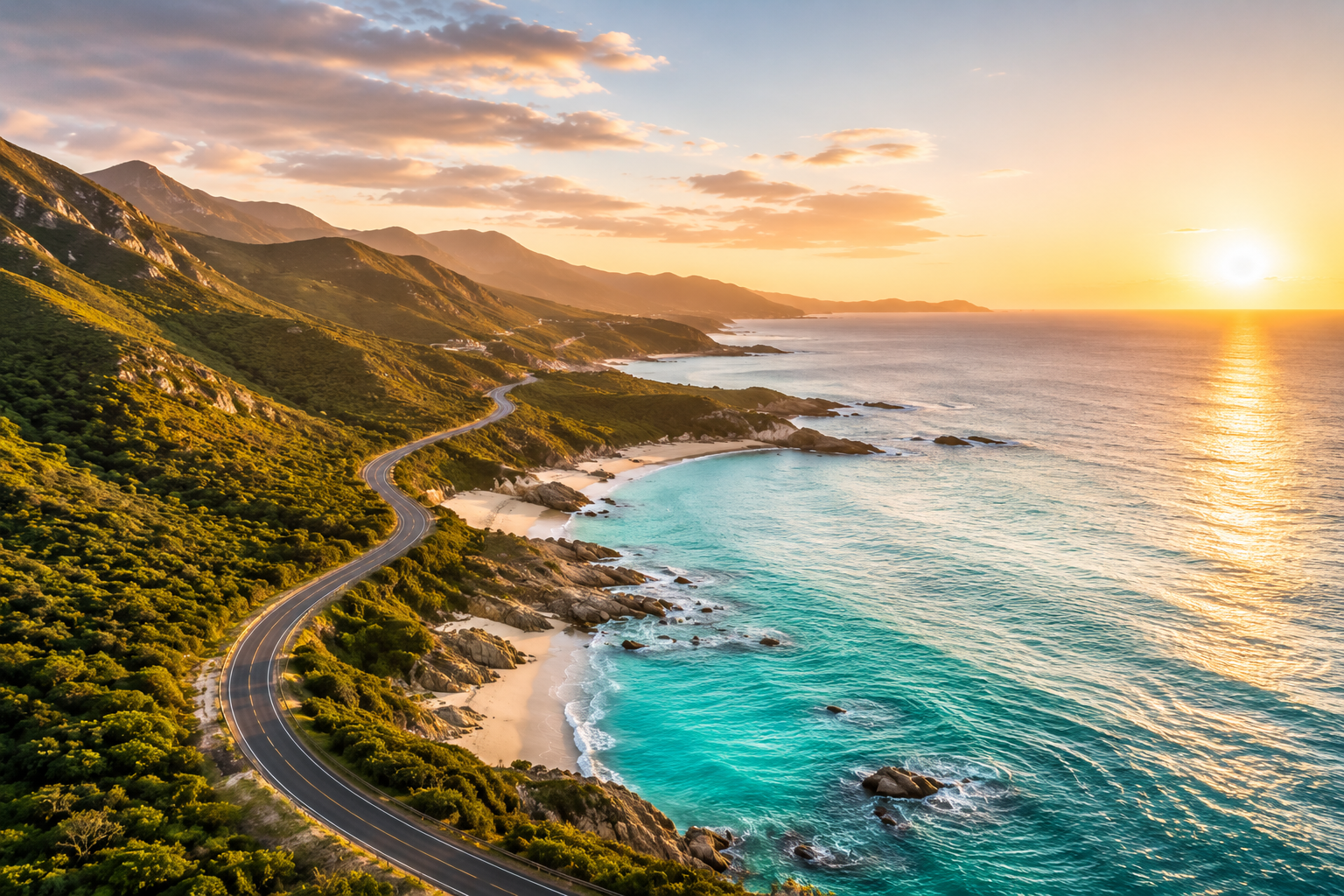 Route côtière sinueuse longeant des plages de sable, des criques turquoise et des montagnes verdoyantes au coucher du soleil sur la Route des Jardins